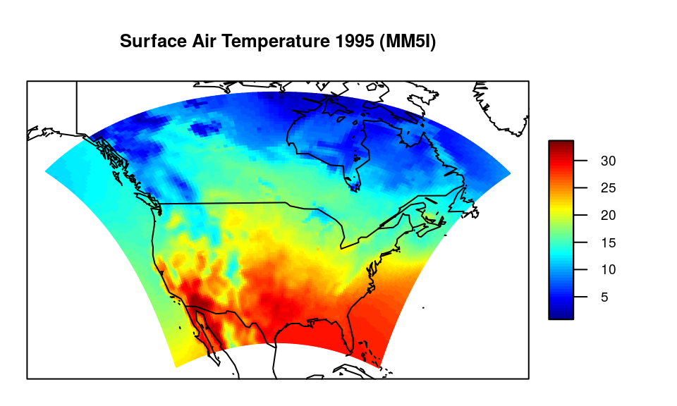 \label{fig:plotdata}Simulated surface air temperature in summer 1995 for the United States, the southern part of Canada and the northern part of Mexico. The unit of the temperature is degrees Celsius.