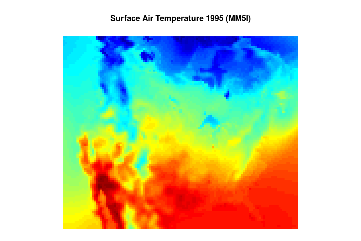 \label{fig:recdata}Simulated surface air temperature in summer 1995 for the United States, the southern part of Canada and the northern part of Mexico on a rectangular grid. Red describes warmer areas, colder areas are colored blue.